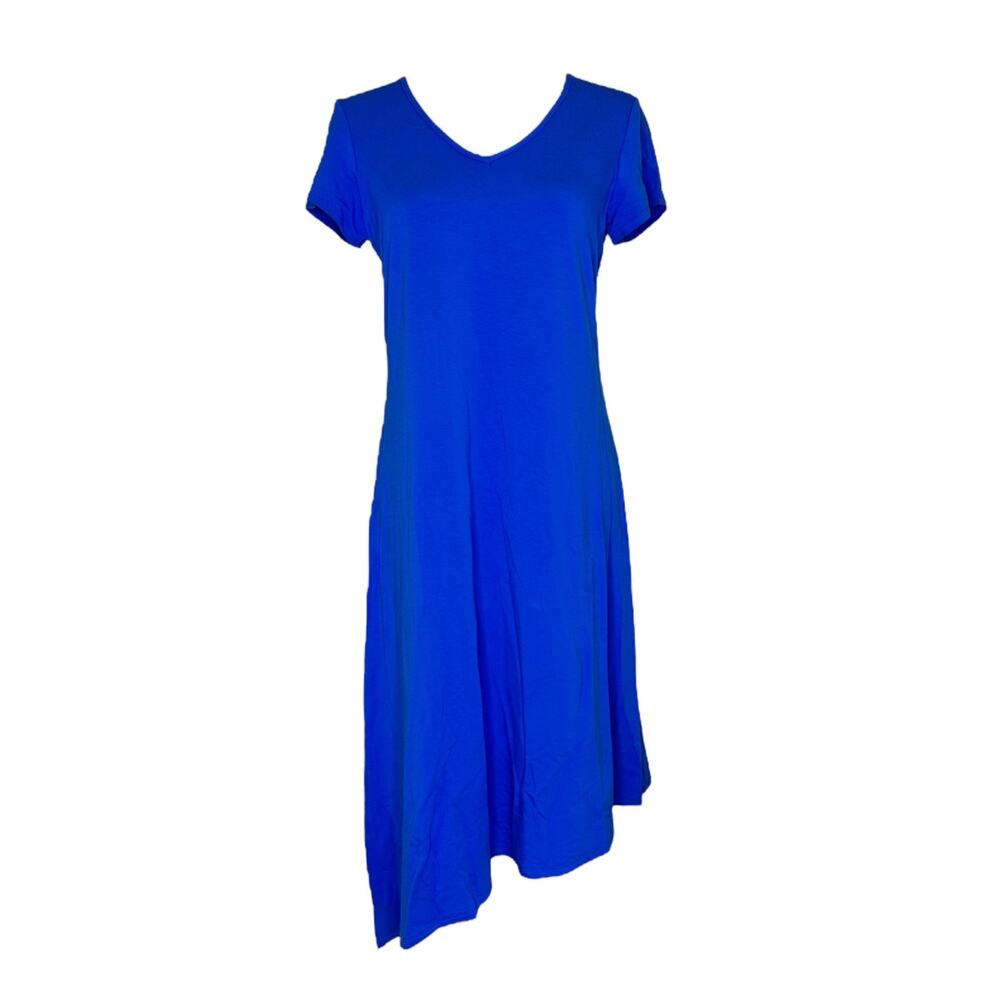 Women Blue Bamboo Dress Size L Asymmetrical Short Sleeve V-Neck Compli-K NWT